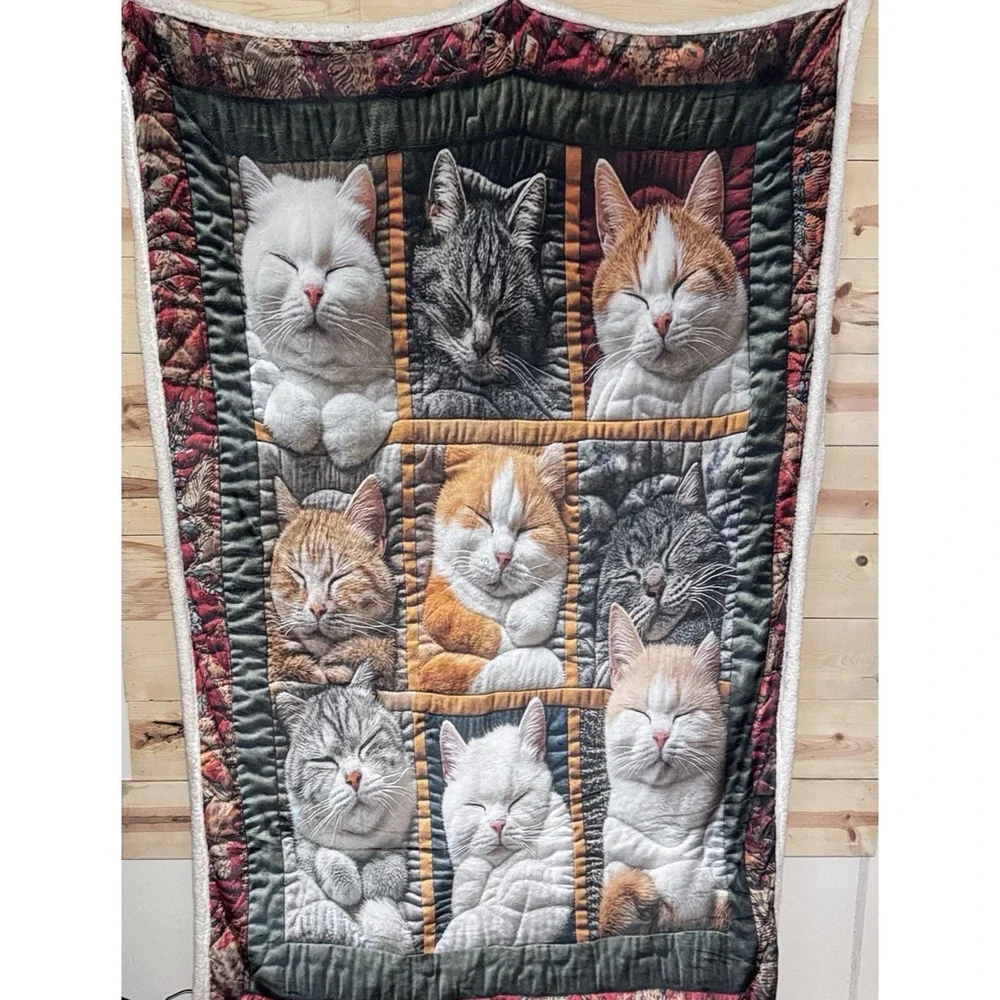 Sleeping‎ Cats Sherpa Fleece Blanket Patchwork Kitten Print Oversized Cozy Throw